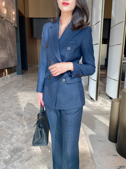 Autumn and winter thickened navy blue herringbone pattern suit jacket wool woolen warm commuting slim micro boot pants work wear women