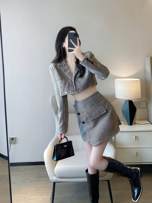 Salt light cooked two-piece suit 2023 spring and autumn new Korean style temperament plaid woolen suit irregular skirt female