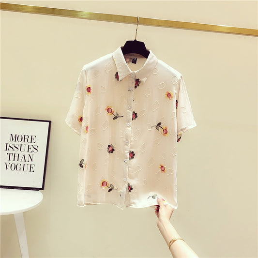 Chiffon short-sleeved shirt design Hong Kong style summer new embroidery printing top retro small lapel shirt female