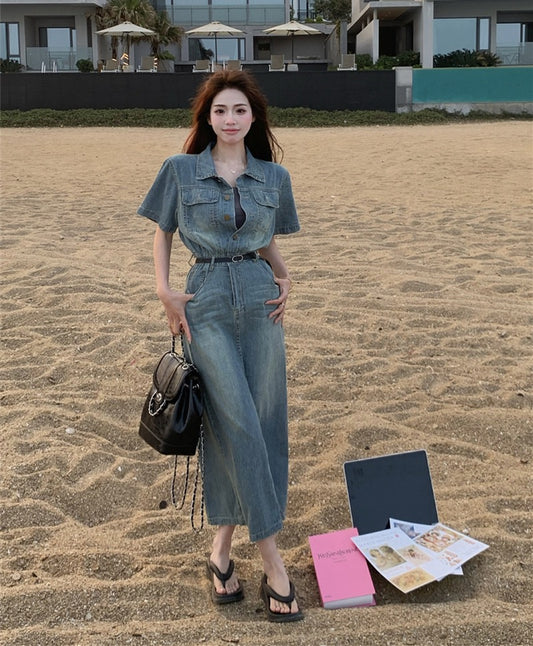 Hong Kong style lapel washed denim dress women's spring 2023 new slit skirt fishtail bag hip skirt long skirt