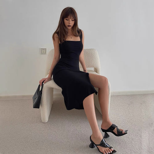Super temperament square neck slit skirt sexy show collarbone thin waist S-shaped hot girl figure package hip dress Sa