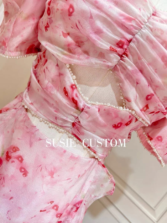 Fairy Pearl Beaded Pleated Tube Top Puff Sleeves Hollow Waist Irregular Ruffles Slit Print Long Dress