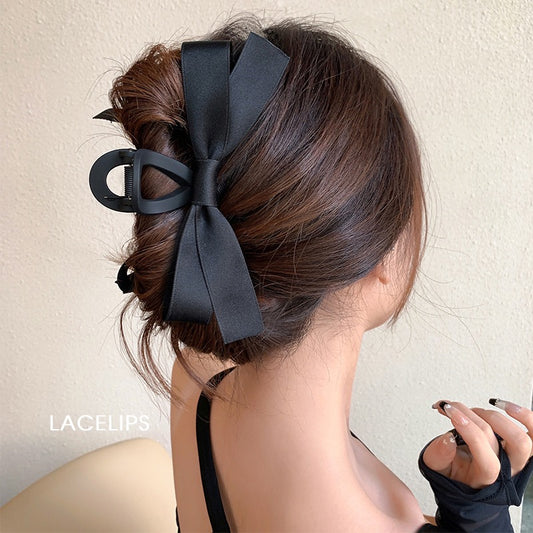 Hepburn style black bow clip clip female large high-end sense plate hair net red hair clip back head shark clip headdress