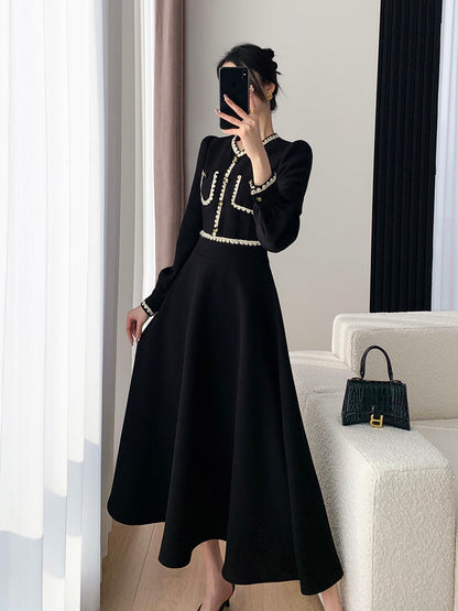 FT GUOGE black dress women's 2023 spring new high-end sense waist slimming Hepburn style long skirt