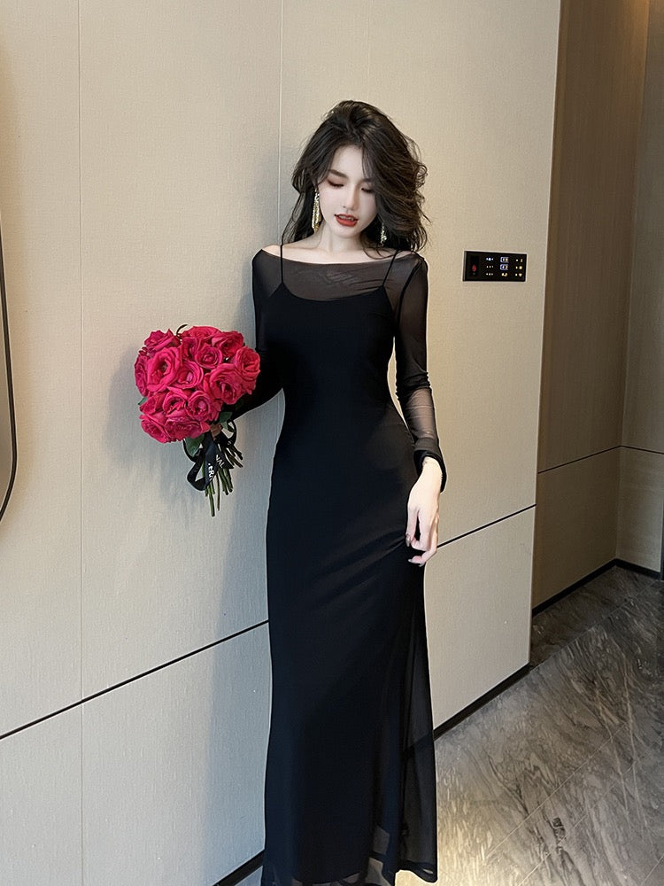 European station French Hepburn style high-end sexy royal sister sexy dress autumn and winter new slim fit slim blouse long skirt