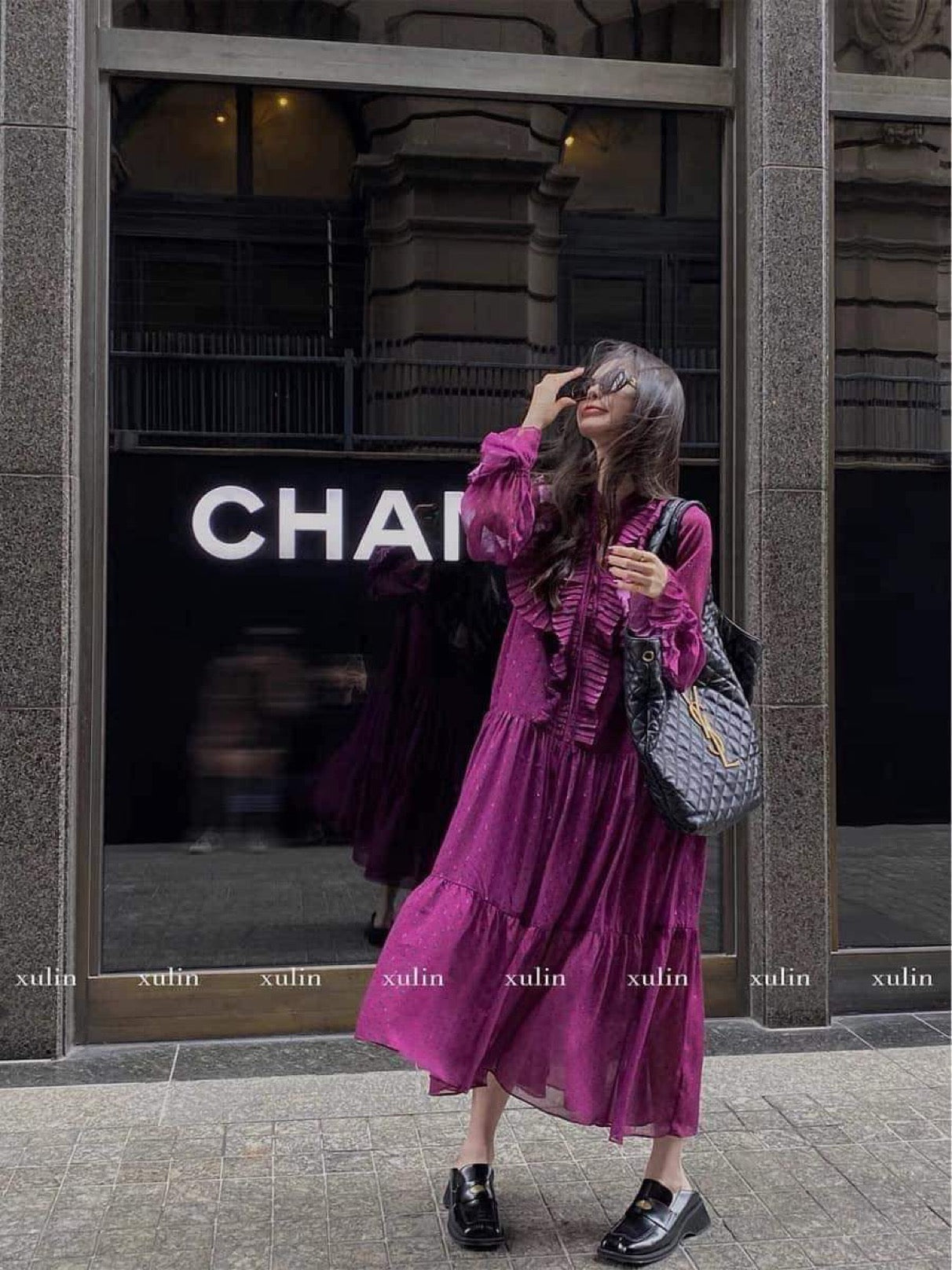 Xu Lin mini French high-end heavy-duty purple dress pleated all-match iris purple custom floral series