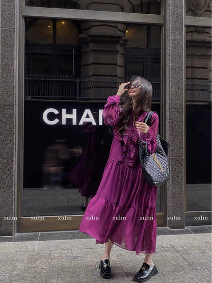 Xu Lin mini French high-end heavy-duty purple dress pleated all-match iris purple custom floral series