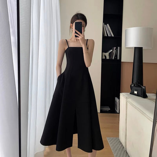 FT GUOGE black dress women's 2022 summer new French style waist and thin temperament Hepburn style suspender skirt
