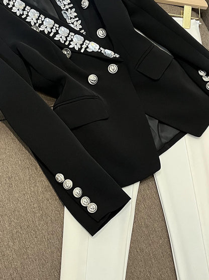 Diamond-encrusted European jacket personality design sense double-breasted heavy industry beaded shawl collar suit women's suit A6452