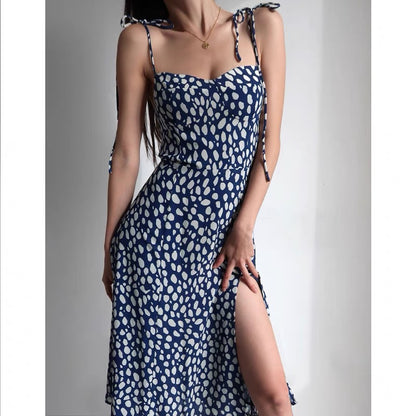 French retro polka dot sexy high slit leg-length suspender skirt slim slim waist suspender dress female