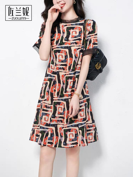 2022 summer new printed mulberry silk dress female high-end luxury big-name temperament ladies slim and slim 1123