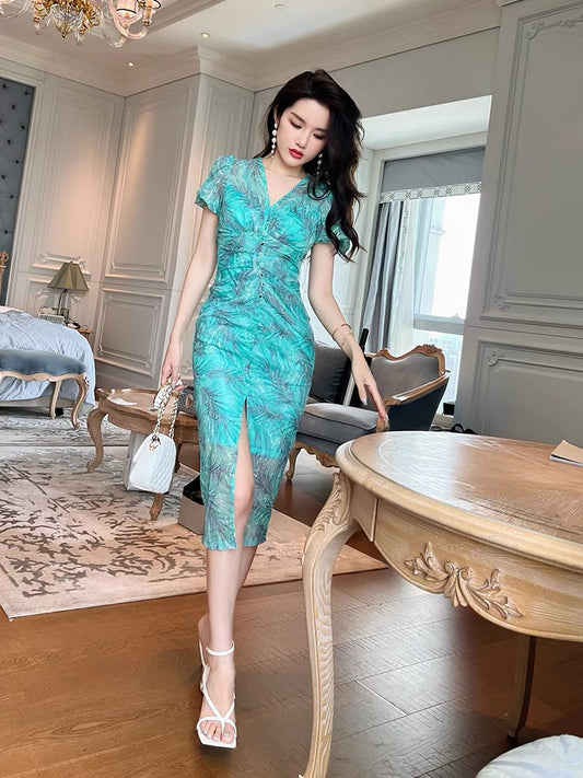 European station French lake blue white dress 2022 new summer high-end light luxury goddess waist and slit for slim fit