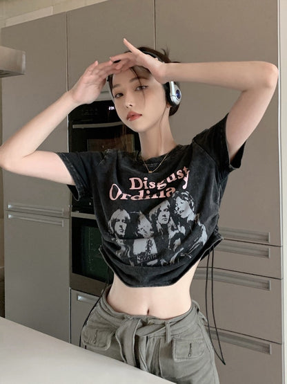 Retro old print couple short-sleeved t-shirt female summer niche design sense drawstring short hot girl navel top