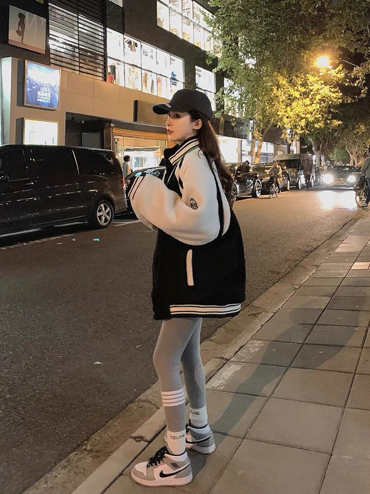 Badge baseball uniform women's winter thickened lamb wool jacket fashion Korean version loose fleece casual jacket ins tide