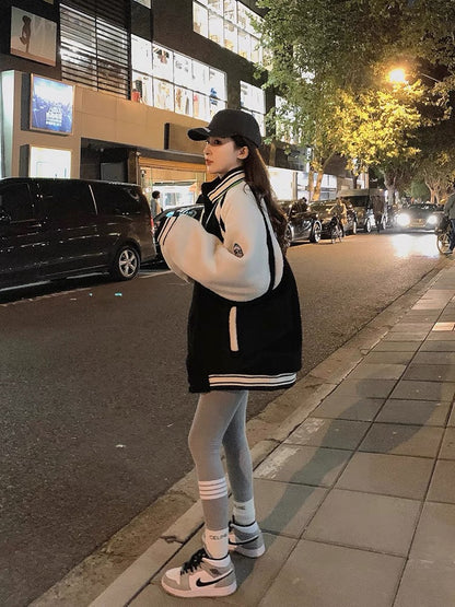 Badge baseball uniform women's winter thickened lamb wool jacket fashion Korean version loose fleece casual jacket ins tide