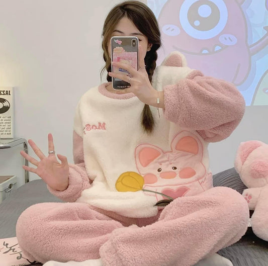 2022 new coral fleece pajamas women's autumn and winter thickened cute cartoon flannel home clothes casual suit winter