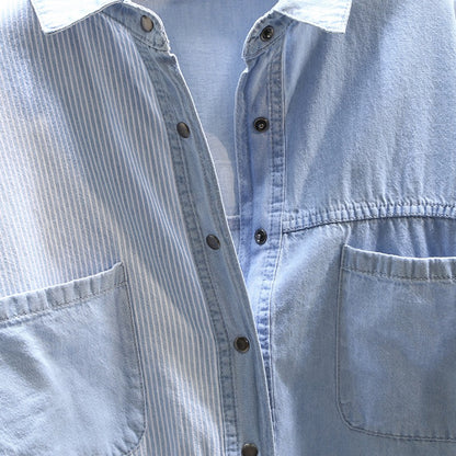 Design sense niche denim shirt women 2023 spring new light familiar style striped stitching shirt retro thin coat