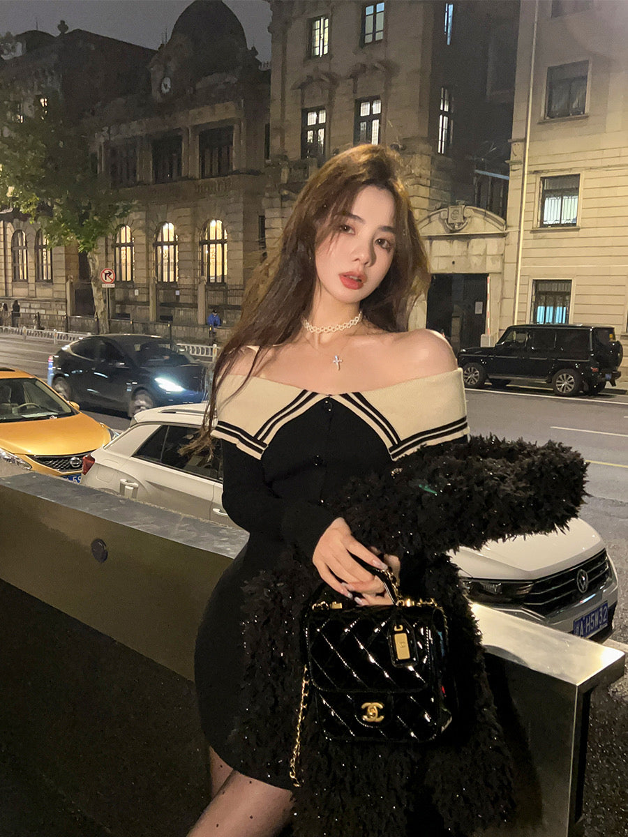 Qiu Rouyao sweet and spicy pure desire one-line collar high waist inner short skirt niche slim high-end dress for small women