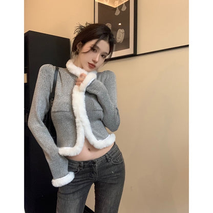 High-end super-good-looking sweater women's autumn and winter 2023 new design sense fur stitching chic long-sleeved sweater