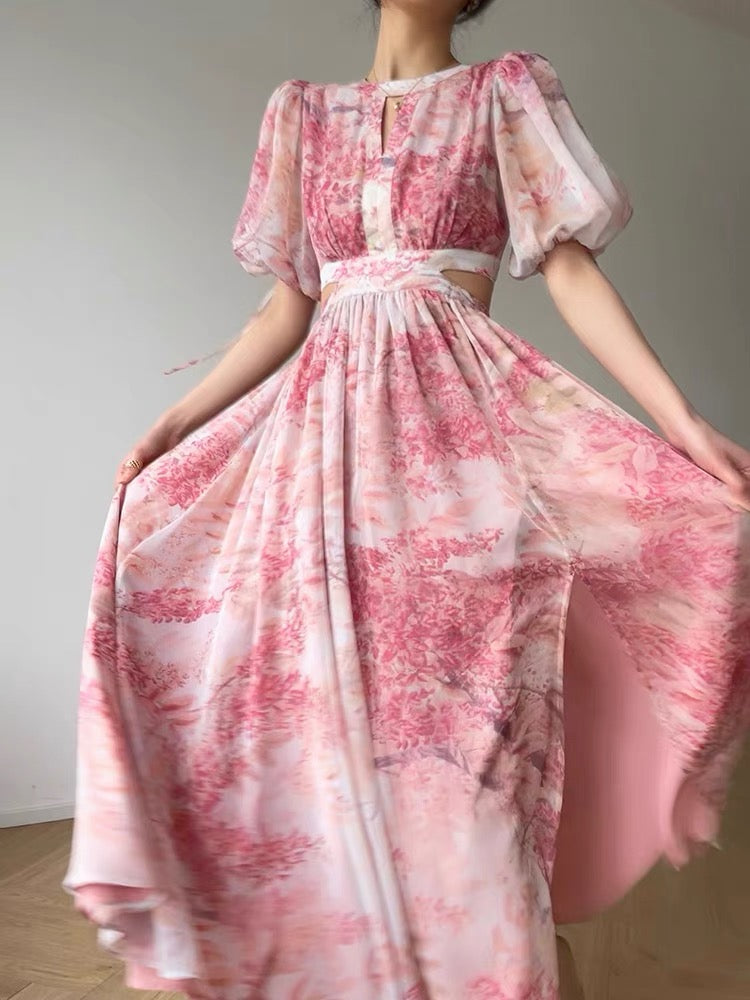 Aconiconi｜Sakura Luo French Art Print Aesthetic Atmosphere High Design Sense Showing Waist Long Dress