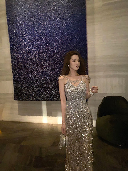 Qianda Original Design Noble Gradient Gold Sequin Long Dress Dress Birthday Party Banquet Dress