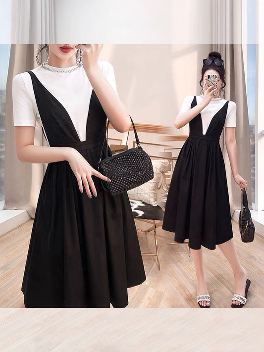 Casual skirt women's summer 2022 new women's wear mid-length black fake two-piece high-cold royal sister style dress