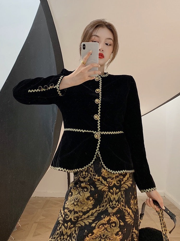 Plus-size women's clothing French retro celebrity velvet jacket Chinese style national style high-end heavy industry embroidery