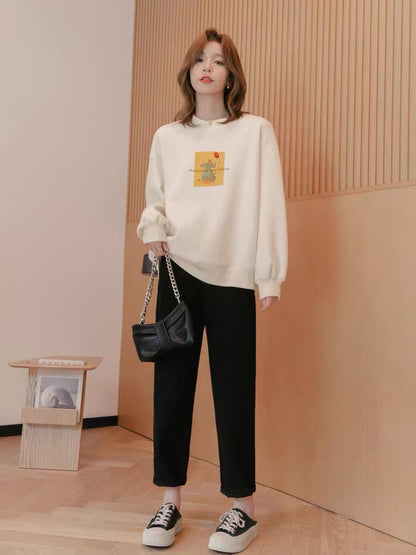 Small grain print fleece sweater women's autumn 2022 new small loose round neck pullover long-sleeved knitted top
