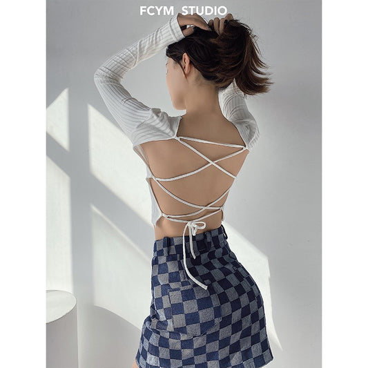 Pure desire style short V-neck single-breasted long-sleeved T-shirt feminine hot girl tight-fitting strappy backless top