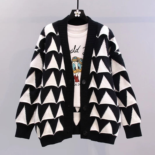Colorblock V-neck sweater coat women's autumn and winter 2022 new loose and lazy style outer wear medium and long knitted cardigan