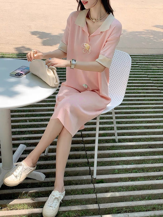 Guoguojia French casual shift dress covering belly loose women's summer 2022 new knitted short-sleeved skirt 47
