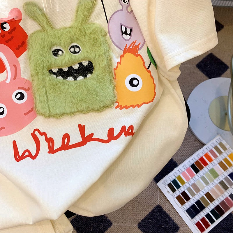 Apricot short-sleeved t-shirt women's summer loose foreign style age reduction all-match large version fun cartoon half-sleeved top clothes tide ins