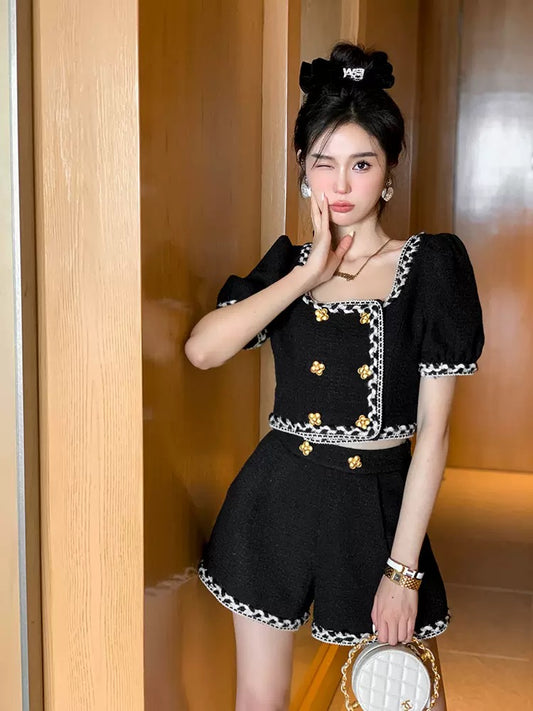 [Earth Store] Miss Jennifer Xiaoxiang Tweed Gold Button Short Jacket + A-Line Shorts Suit Two-piece Set 1591