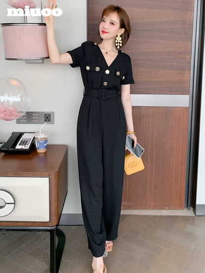 miuco temperament V-neck gold buckle pocket belt waistband short-sleeved slim jumpsuit women's 2022 summer European station