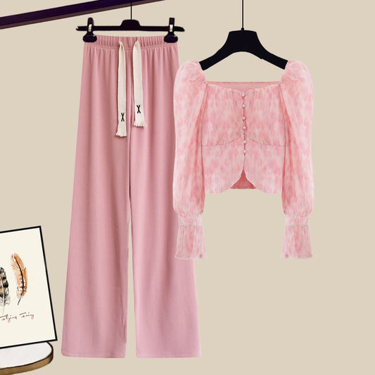 Early autumn new women's clothing, small fragrance style suit, milky gentle style shirt, wide-leg pants, sweet and light luxury two-piece trousers
