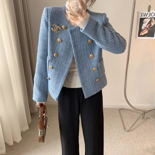 CHICROOM blue small fragrant wind coat women's short small 2022 autumn dress ladies wind round neck short coat