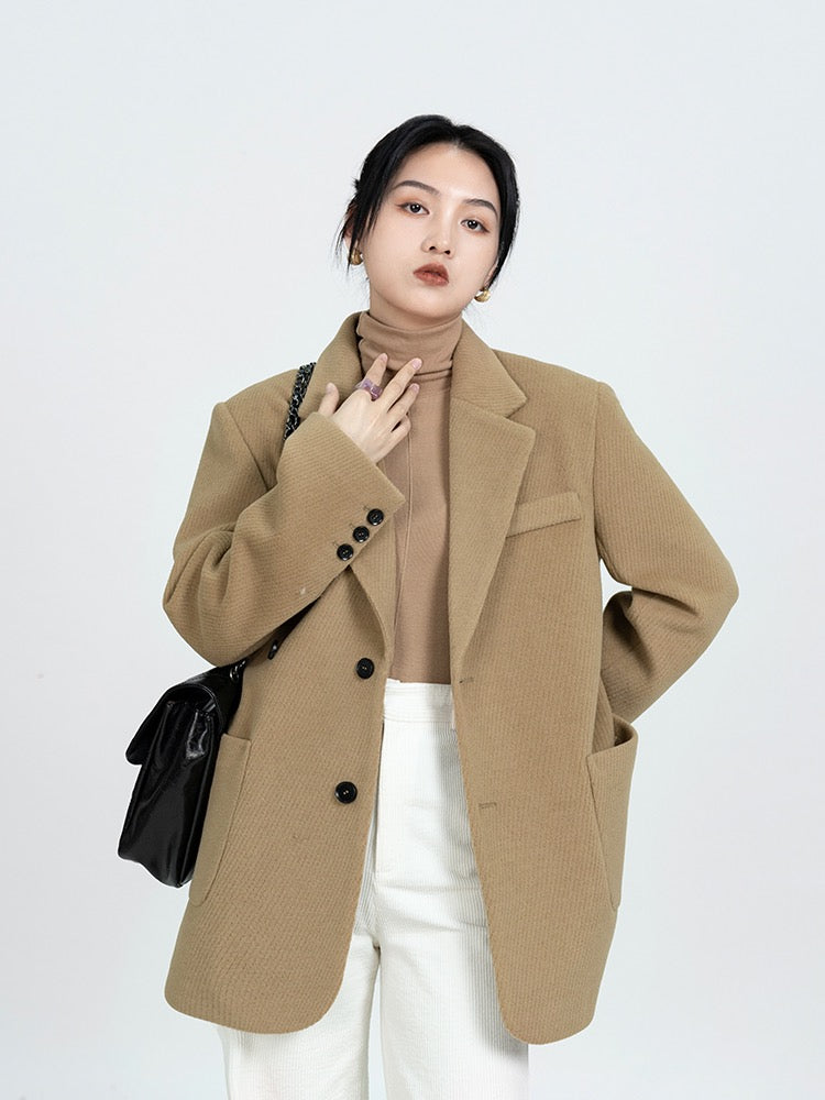 Women's woolen suit jacket 2022 autumn and winter new thickened retro loose casual Korean mid-length woolen jacket