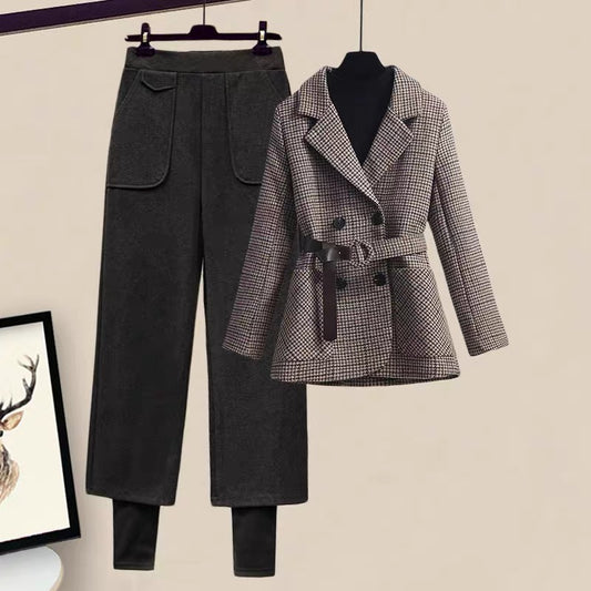 Winter Hong Kong style ladies Xiaoxiang style woolen coat knitted sweater pants wide-leg pants woolen pants suit women