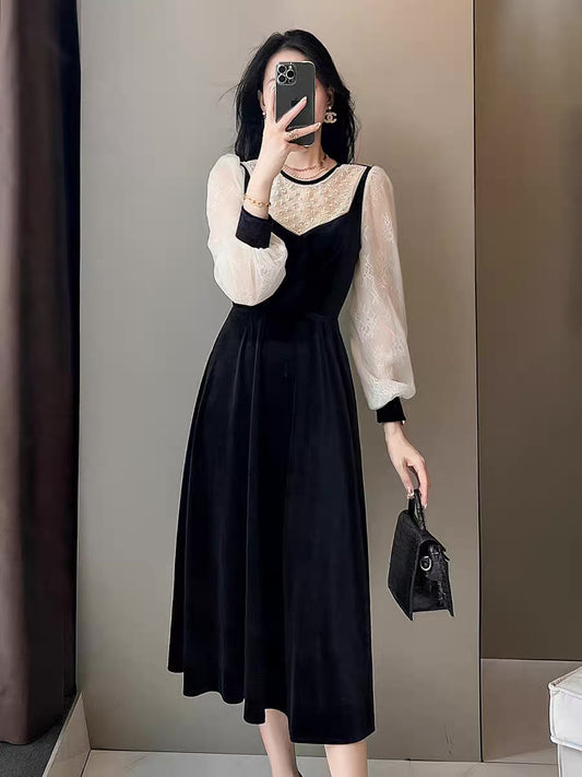 2022 autumn new long-sleeved velvet noble western style retro women's high-end sense thin long skirt temperament dress 1944