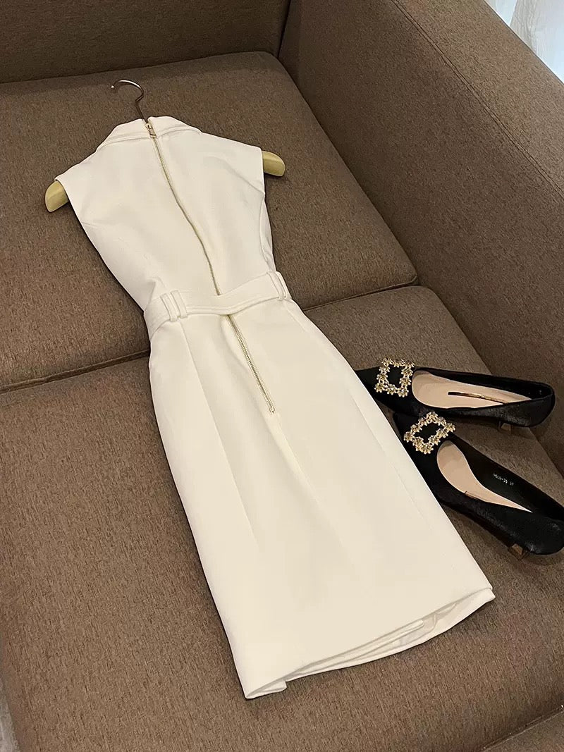 European and American style white spring and spring sleeveless vest suit jacket dress waist slim midi skirt hot sale 6236
