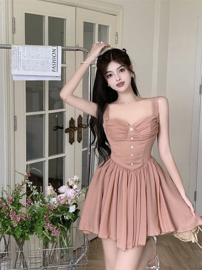 Pure desire pleated sling dress women's summer dress sexy beautiful back short skirt French slim waist a-line tutu skirt