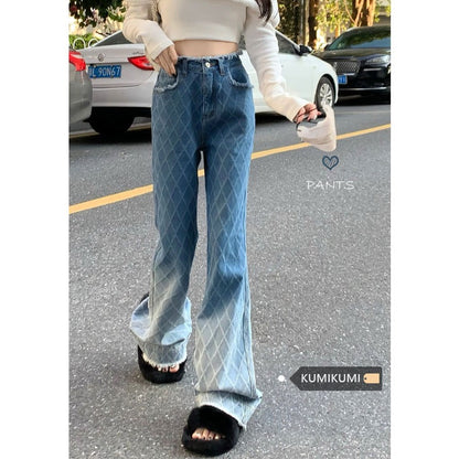kumikumi Hong Kong-style jeans women's winter raw-edged straight-leg pants rhombus gradient color wide-leg pants mopping long pants