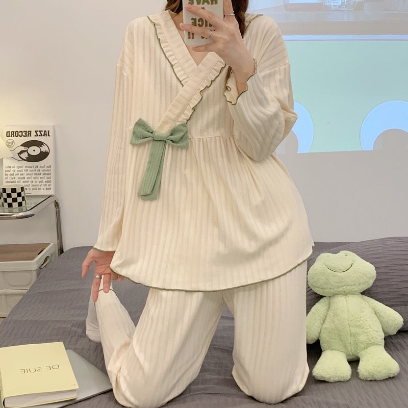 Women's pajamas spring and autumn long-sleeved cotton 2022 new bow tie can be worn outside home service summer casual suit