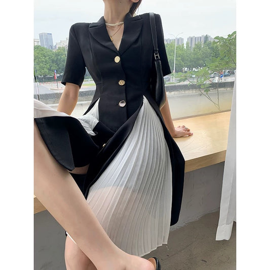 FT GUOGE black suit dress women's 2022 summer dress new design niche temperament Hepburn style long skirt 1598