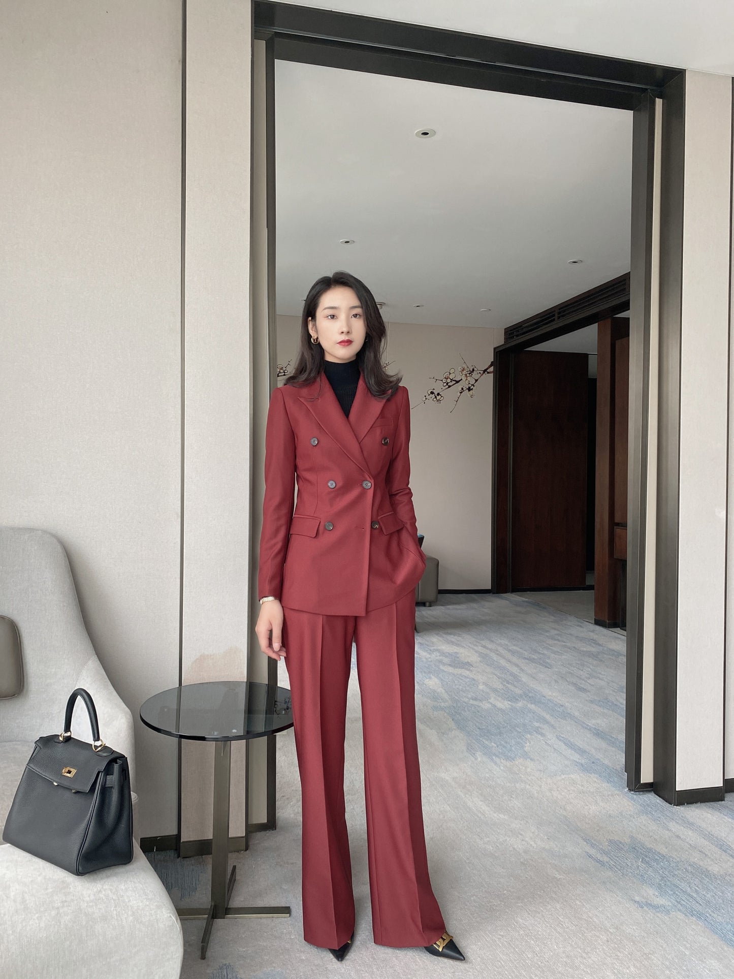 Autumn and winter thick wool suit annual meeting event Christmas wine red white commuter suit straight wide-leg pants suit
