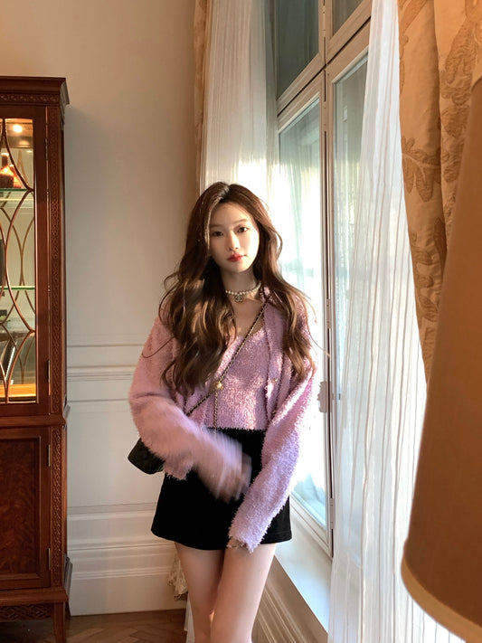 COOLLINE Lin Zixi Jennifer sweet Roland purple grain yarn gold buckle sweater cardigan sling suit female