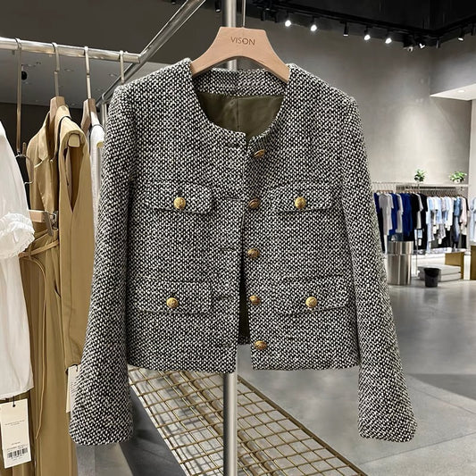 Plaid woolen suit jacket female celebrity goddess fan 2022 autumn and winter new Korean temperament small suit trend