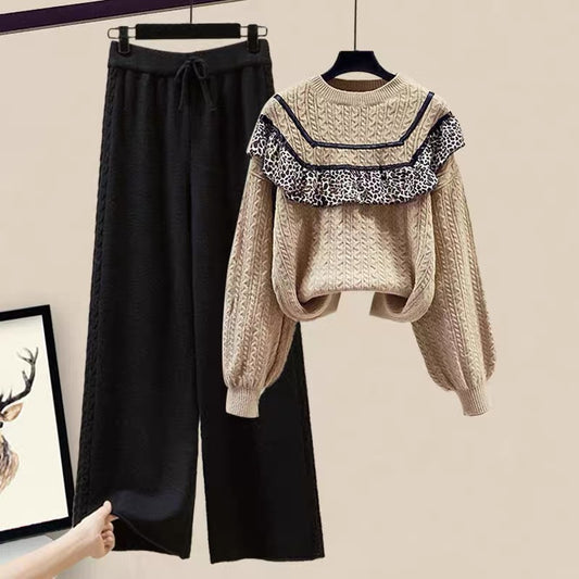 Winter ladies Xiaoxiang wind knitted sweater wide-leg pants temperament goddess Fan Gangfeng suit female foreign retro chic