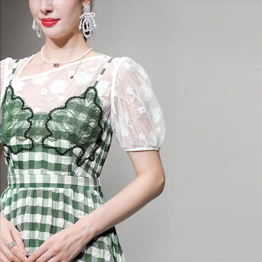 2022 summer new women's asymmetric retro lace short-sleeved shirt plaid suspenders large swing dress suit