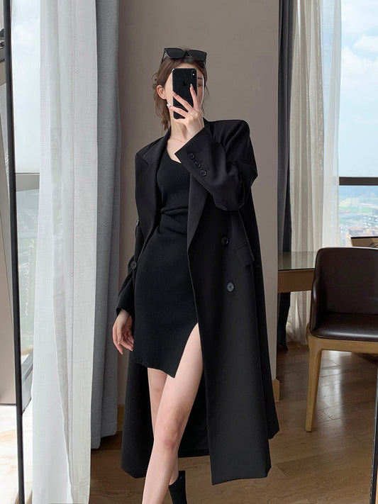 Guoge custom black suit windbreaker women 2023 spring new high-end temperament Hepburn style long coat jacket